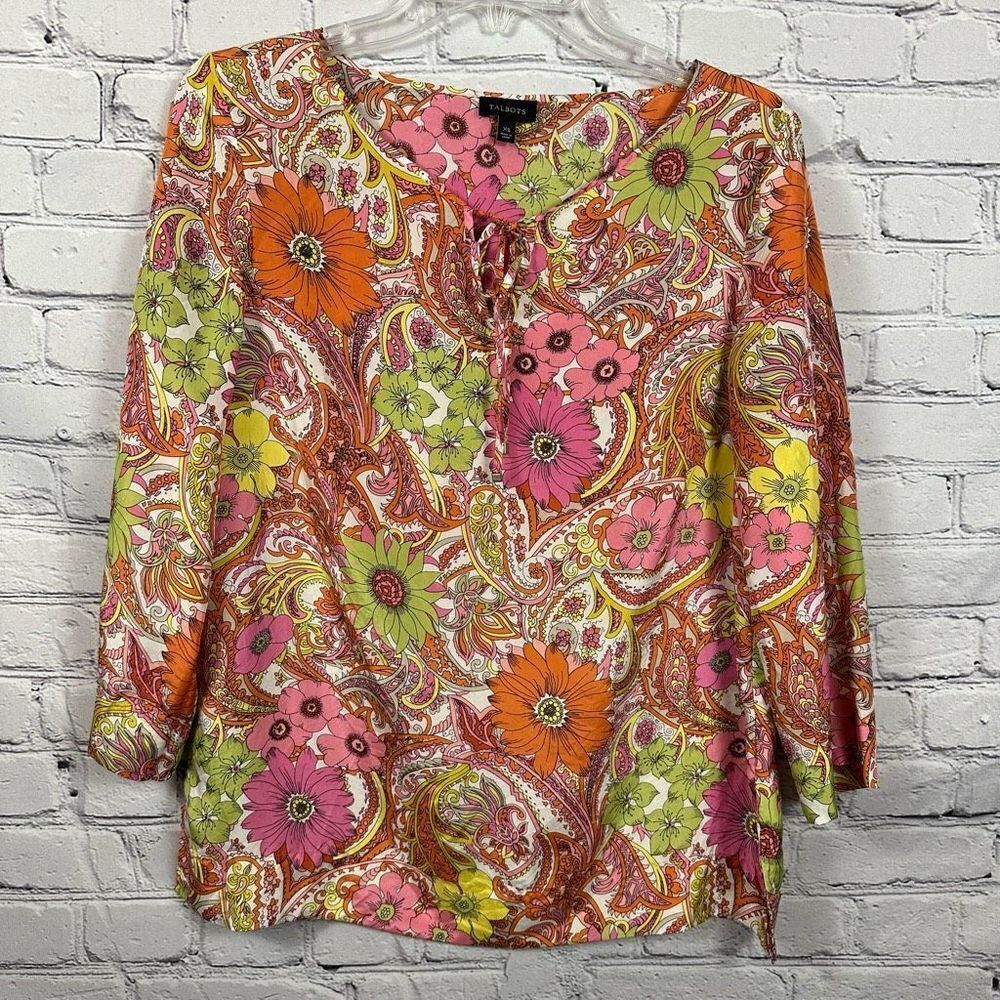 Talbots Women’s Tunic Top Bright Silk 3/4 Sleeve Tie Neck Floral & Paisley XS